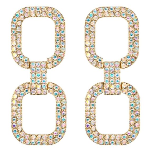 Yellow Gold with Iridescent AB Austrian Crystal Double Link Post Back Earrings - Picture 1 of 5